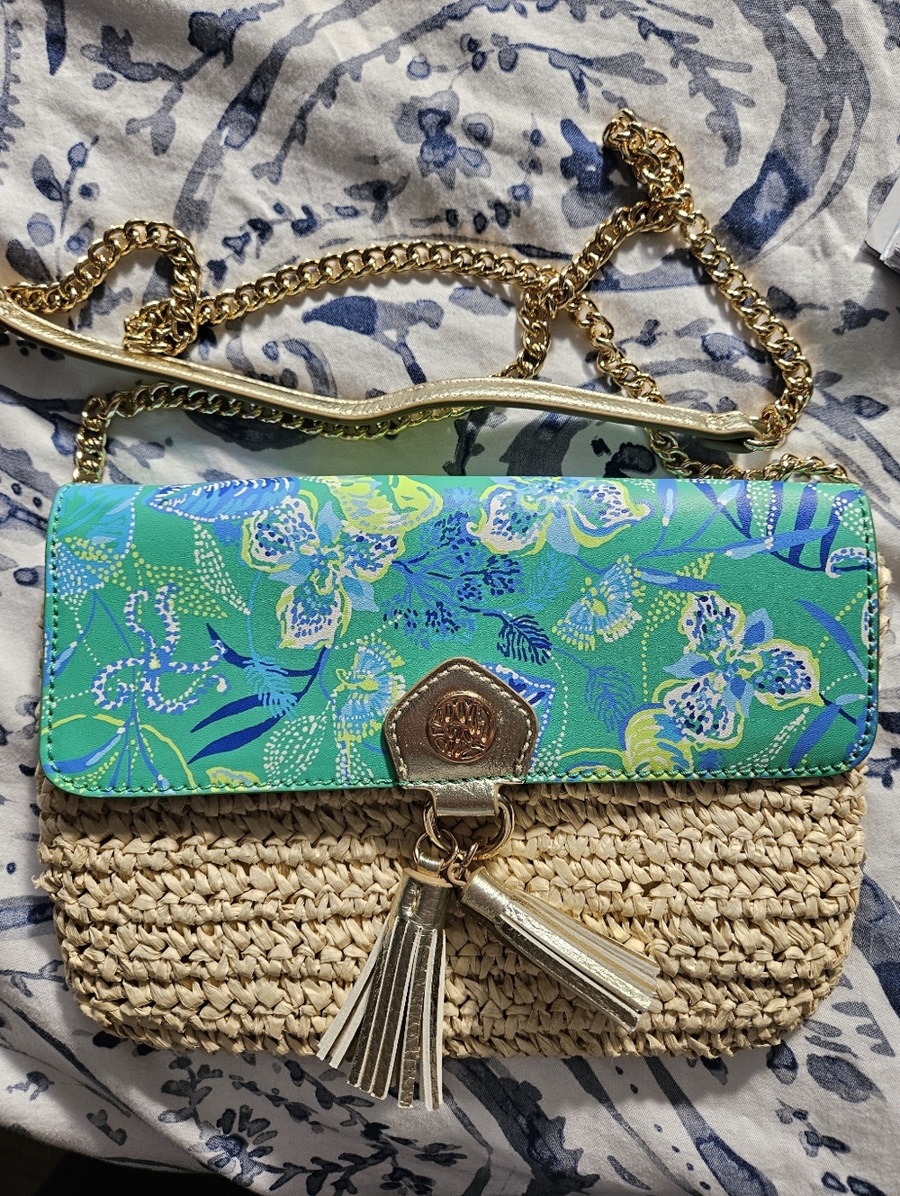 Lilly Pulitzer Green Floral Straw Crossbody with Gold Chain & Tassels